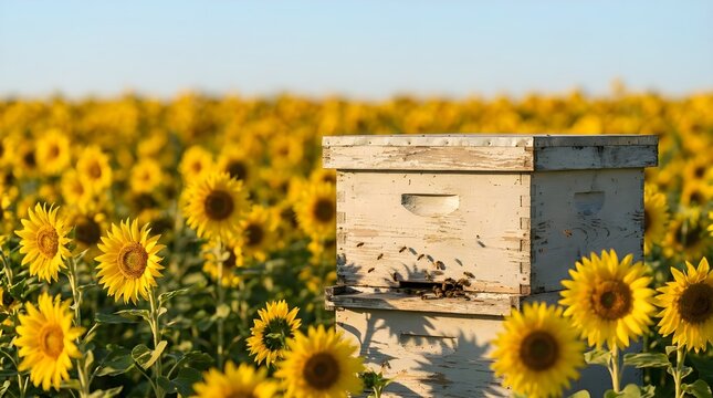 Beehive among sunflower fields supporting crop pollination