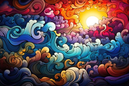 Abstract Psychedelic Ocean Waves Illustration with Radiant Sun, Swirling Colorful Clouds and Fluid Liquid Patterns