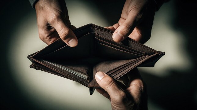 Top view of hands holding open empty leather wallet. Man shows interior compartments with no money inside. Concept of poverty, financial crisis, broke budget. Person zero cash, no savings in brown