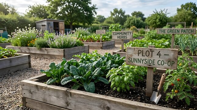Community garden plots with raised beds and wooden signs