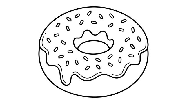 Black and white outline vector illustration of a donut with sprinkles isolated on white background for coloring book.