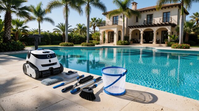 Automatic robotic pool cleaner, manual maintenance tools lie on stone deck near blue swimming pool. Modern equipment for water care rests by luxury villa with palm trees. Professional service tools