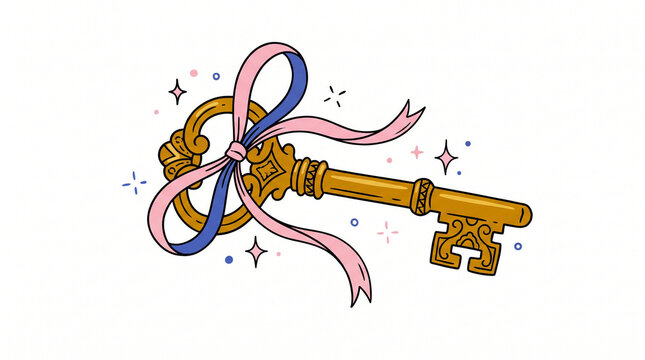 Nostalgic Colorful Hand Drawn Doodle of a Vintage Brass Key with Ribbon