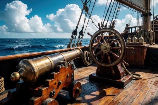 Old wooden pirate ship deck with brass cannon, large steering wheel. Nautical vessel sails on blue ocean under cloudy sky. Maritime adventure scene with ropes, mast, historical sailing equipment in