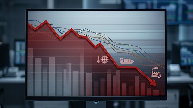 Financial stock market crisis graph showing declining economic indicators descending downward trade trend line falling monetary values global recession loss and currency exchange depreciation