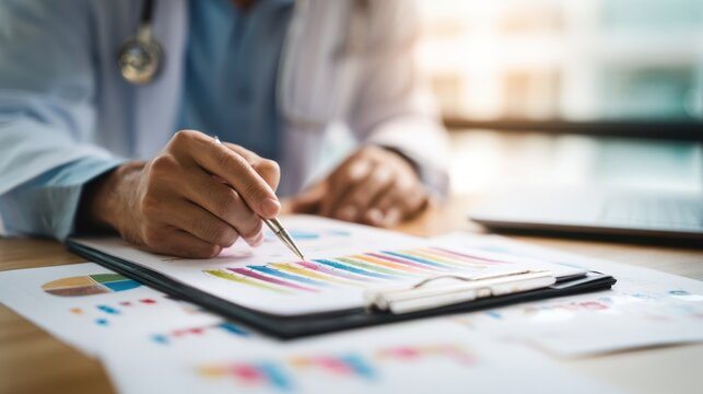 Healthcare care coordinator examining value-based medical billing spreadsheets and reimbursement analytics at office desk.
