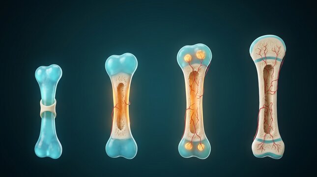 Endochondral ossification stages showing bone development from cartilage model to mineralized structure with vascularization and marrow cavity formation isolated on a dark blue background for medical