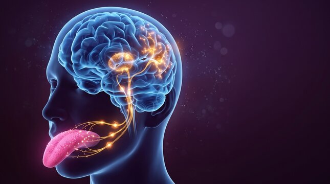 Human brain anatomy showing the gustatory pathway from tongue to cortex with glowing neural connections and sensory nerve signals on a dark blue background for medical and scientific research
