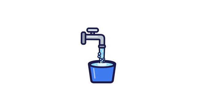 Simple vector illustration depicting a steady stream of clean water flowing from a silver faucet into a blue bucket, symbolizing hydration, utility, and basic water usage concepts