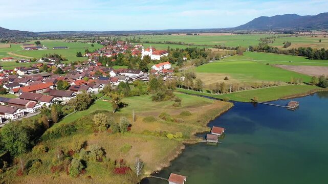 Aerial view, flight at Schlehdorf monastery with parish church St. Tertulin on Kochelsee, Schlehdorf Upper Bavaria, Bavaria, Germany