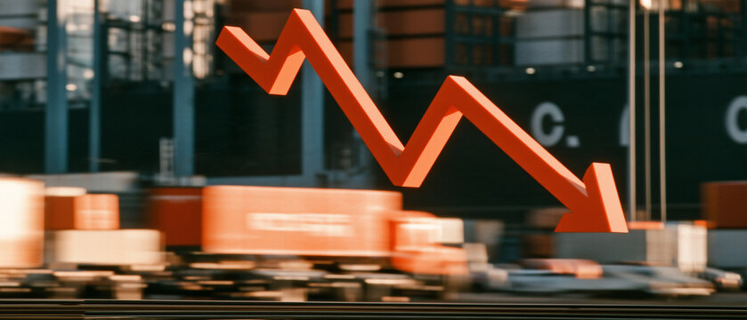 Economic Downturn: A stark red arrow pointing downwards symbolizes a struggling economy, set against a backdrop of industrial warehouses and shipping containers, illustrating a period of decline.