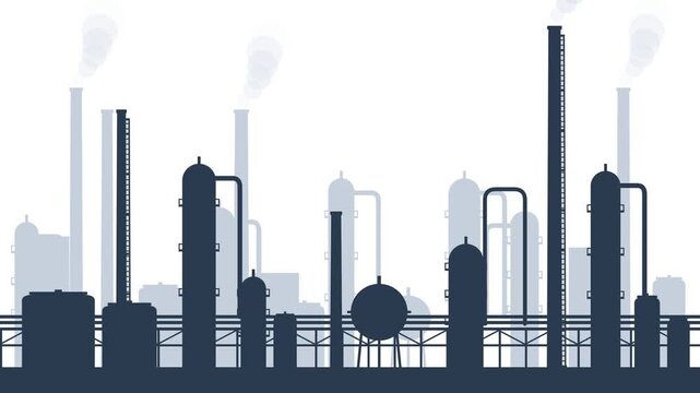 Modern industrial complex silhouette with towering smokestacks emitting pollution, symbolizing manufacturing, energy production, and environmental impact concerns