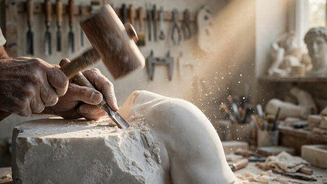 skilled sculptor chiseling marble bust with mallet and chisel in a sunlit workshop filled with tools and half-finished