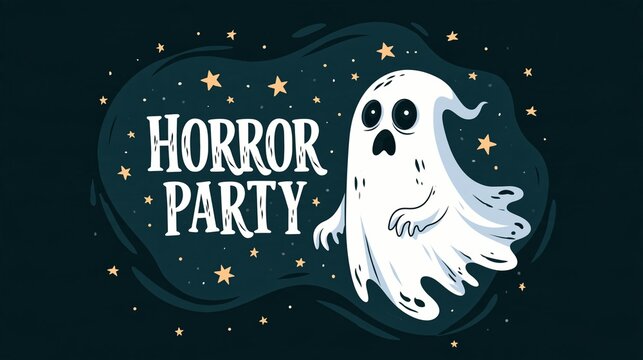 Halloween Holiday Theme. a ghost against a dark, starry night sky. The ghost is rendered in a simplistic, cartoonish style with large, round eyes, a slightly open mouth, and a slightly drooping body.