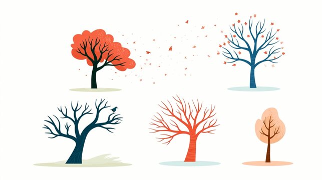 Halloween Holiday Theme. a unique design and color palette, set against a plain white background. The trees are depicted in four distinct poses one tree with a vibrant red canopy.