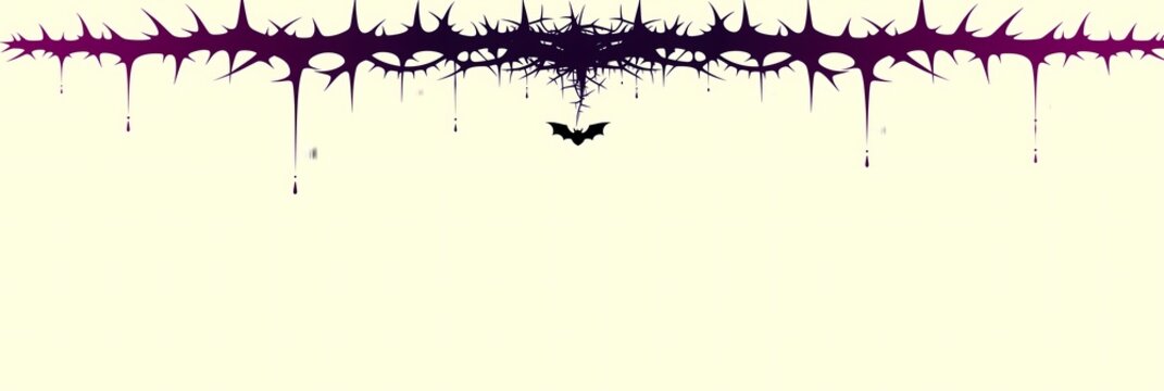 Halloween divider of deep purple drip and thorn shapes with small bat silhouette centred on pale cream, minimal decorative rule for invitation and layout