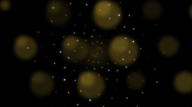 Golden Bokeh Stars Sparkle Glitter Particles Glowing on Dark Background for Luxury Holiday Celebration