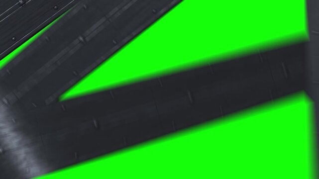 Industrial metal transition sliding brushed steel shutters on green screen background