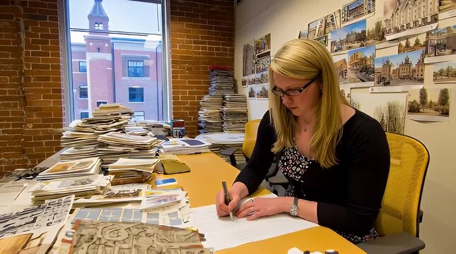 A blonde woman in glasses works at a messy desk in a creative studio, writing on paper surrounded by stacks of architectural plans and photos under warm indoor lighting