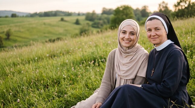 Portrait of Muslim Woman in Hijab and Catholic Nun Sitting Together in Green Meadow