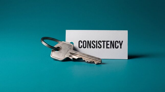 A metallic key attached to a white tag with the word consistency written