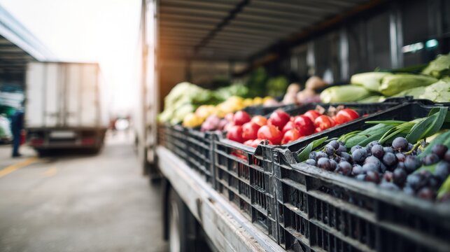 Refrigerated truck loading with crates of mixed fruit and vegetables protects produce freshness throughout cold chain transport.