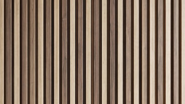 Vertical wooden slats wall paneling with alternating light and dark brown wood tones for interior wall decoration and architectural background