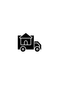 bold black silhouette icon on a plain white background. It shows a moving truck with a house symbol on its cargo section, clearly representing home moving services, relocation, moving house,