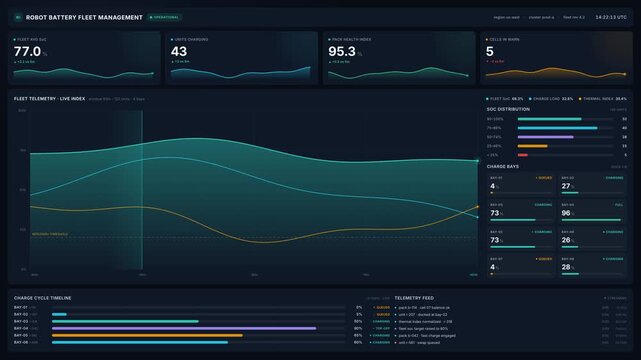 Futuristic robot battery fleet management dashboard with live telemetry, state charge metrics, pack health, charging bay status, for smart energy monitoring system