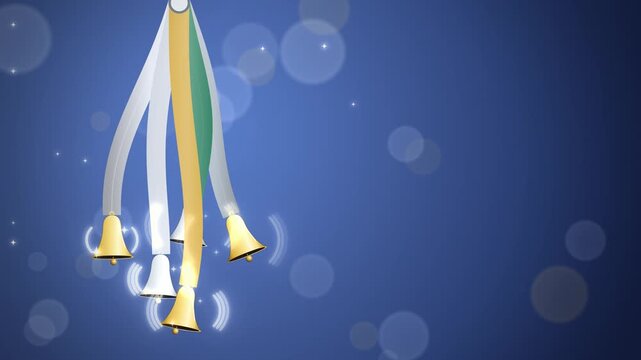 Silver and gold christmas satin streamers with small bells detail view