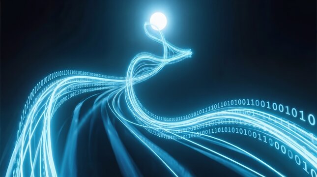 Abstract digital data flow with glowing blue binary code moving towards a light sphere, high speed internet connection and cloud computing concept, 3d render background