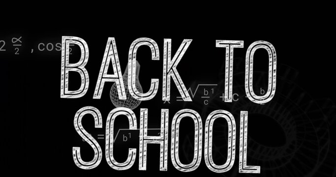Displaying BACK TO SCHOOL text dominating chalkboard, showing math symbols and wireframe gear
