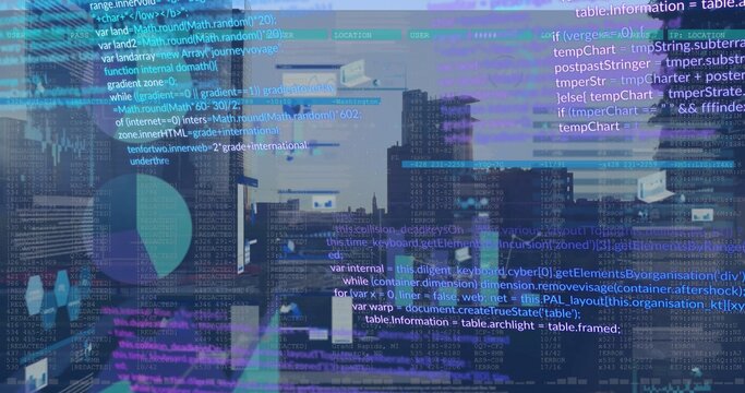 Displaying holographic code and console text over harbor skyline at dusk, with charts and matrix