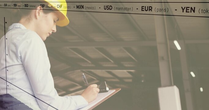 Noting inspector in yellow hard hat white shirt writing on clipboard in site currencies, copy space