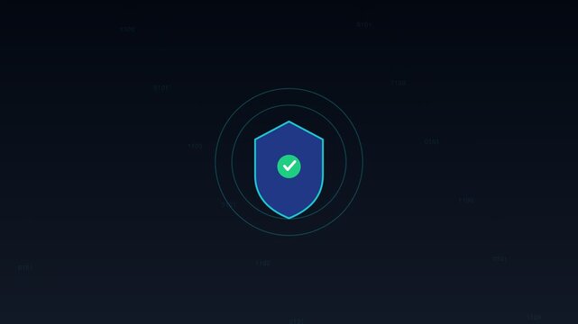 Secure data protection and cybersecurity concept with a shield and checkmark icon on a dark blue background