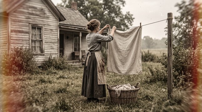 Antique Vintage Photo of Pioneer Woman Hanging Laundry Outside Rustic Wooden House