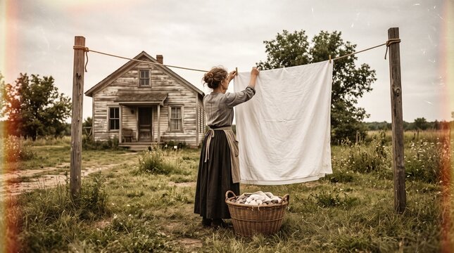Historical 1900s Woman in Apron Hanging Laundry on Clothesline with Scratch Effect