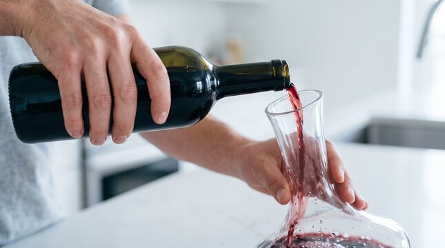 Man pouring red wine from bottle into decanter in a modern kitchen