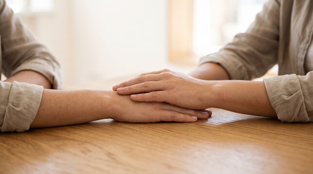 Close up of two people hands resting on a wooden table showing support and empathy