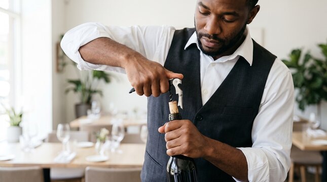 Professional waiter opening a bottle of red wine with a corkscrew in a restaurant setting