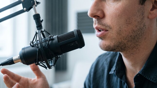 Close up of a man speaking into a professional studio microphone for podcasting or recording audio
