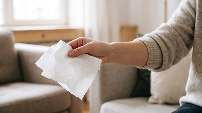 Person holding white paper tissues in a living room setting