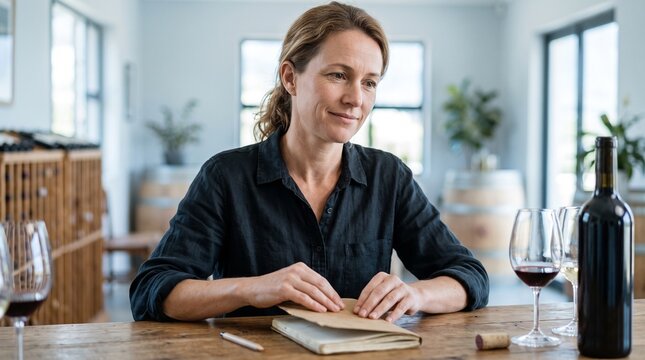 Woman in a winery tasting room with wine glasses and a notebook