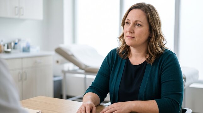 Woman patient sitting at a desk in a doctor's office consulting room looking thoughtful