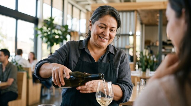 Smiling waitress pours white wine into a glass at a modern restaurant with natural light