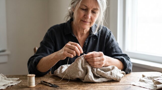 Elderly woman with gray hair sewing with needle and thread on a wooden table, natural light from window