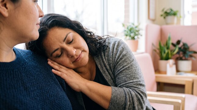 Woman resting head on friend's shoulder showing comfort and support in a cozy indoor setting
