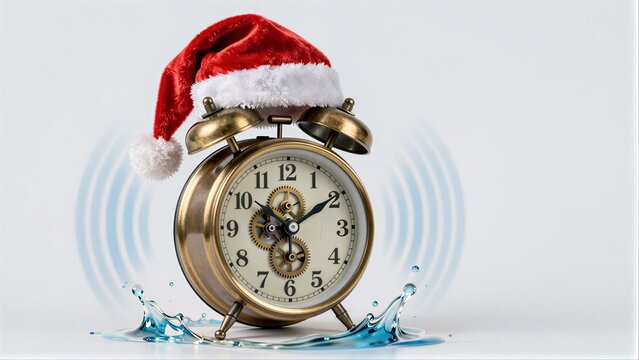 Santa hat alarm clock with water splash and sound waves, festive time reminder.