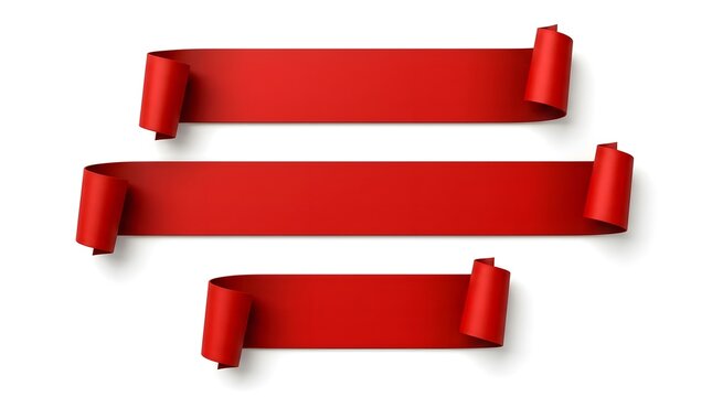 Set of three red paper ribbons isolated on white background