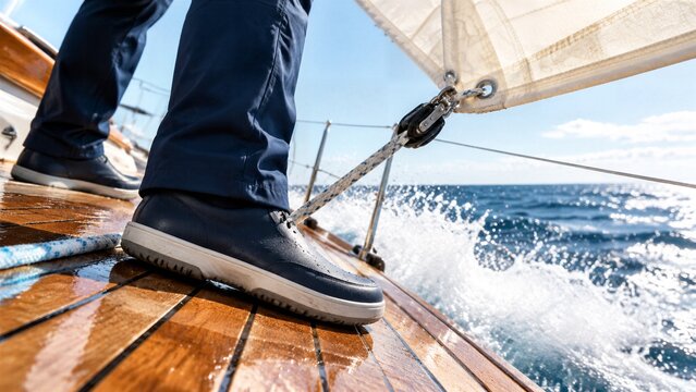 Sailing Adventure: A close-up view of a person's legs and feet on the deck of a sailboat, with the sail billowing and ocean waves crashing.